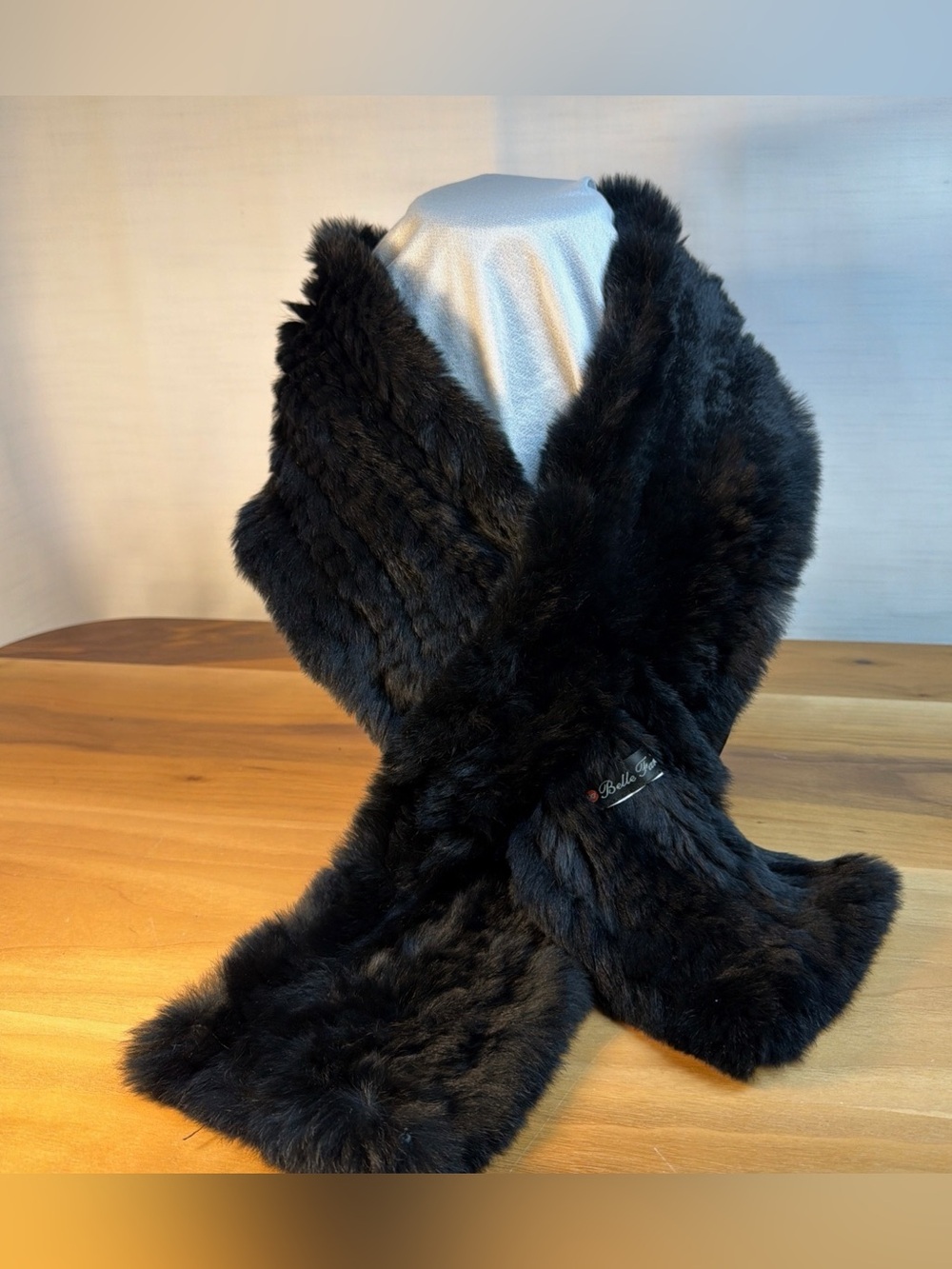 Belle Fare Real Rex Rabbit Fur Knit Design Scarf Neck Warmer Pull- Trough Black